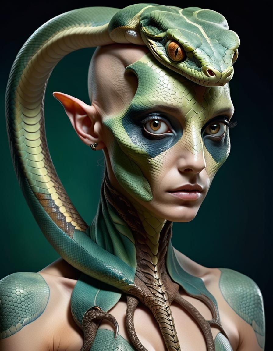 Surreal Hybrid Creature with Human and Snake Features