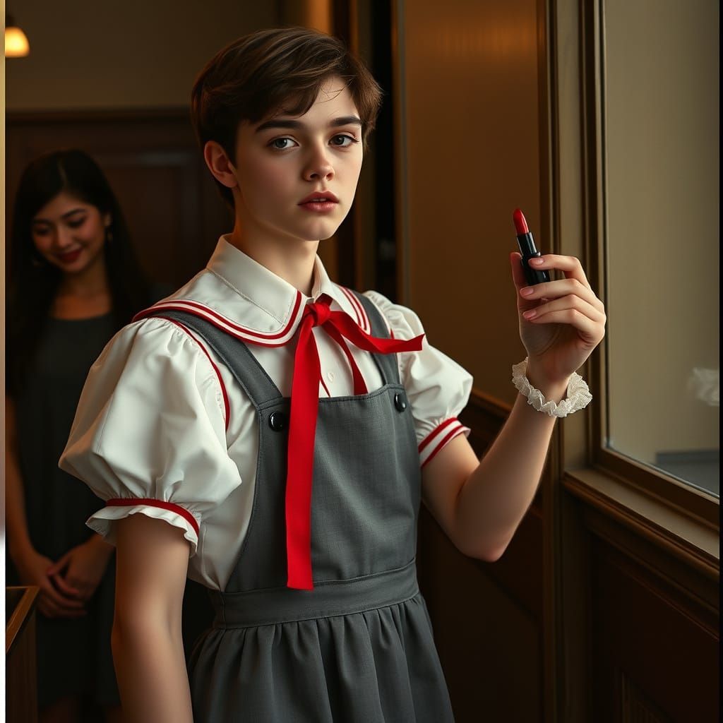 Elegant Young Man Applies Lipstick in a Cinematic Scene