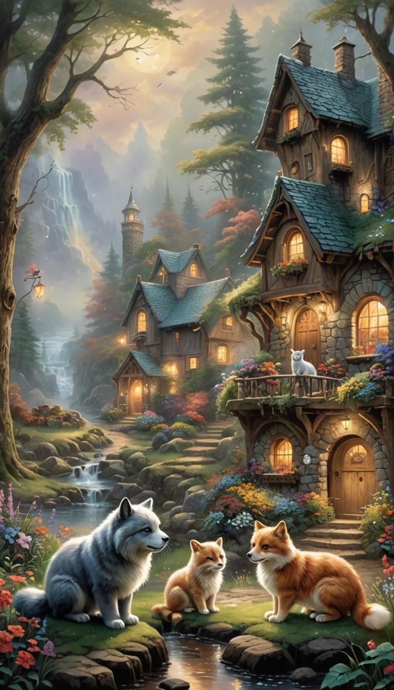 Cute cuddly animals in a rustic scene