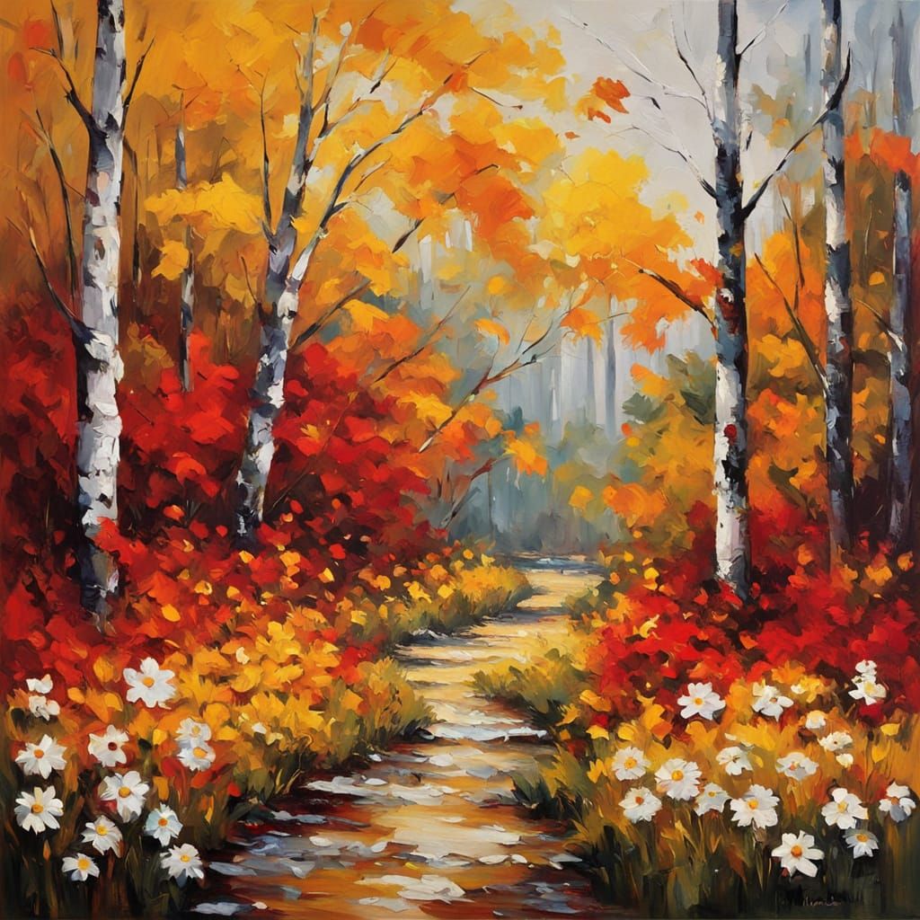 Expressionist Autumn Trees with Daisies