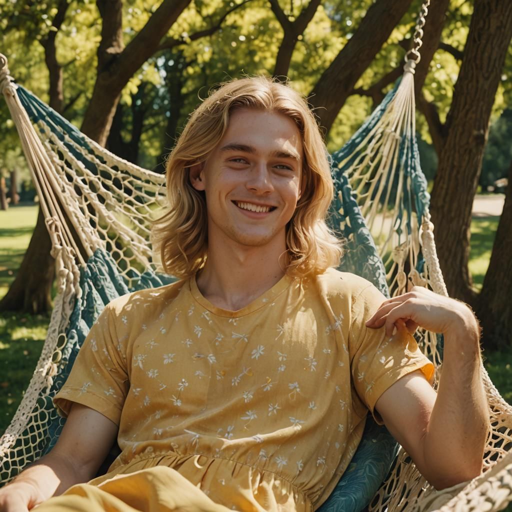 Boy in Yellow Dress Relaxing in Hammock, Summer Afternoon