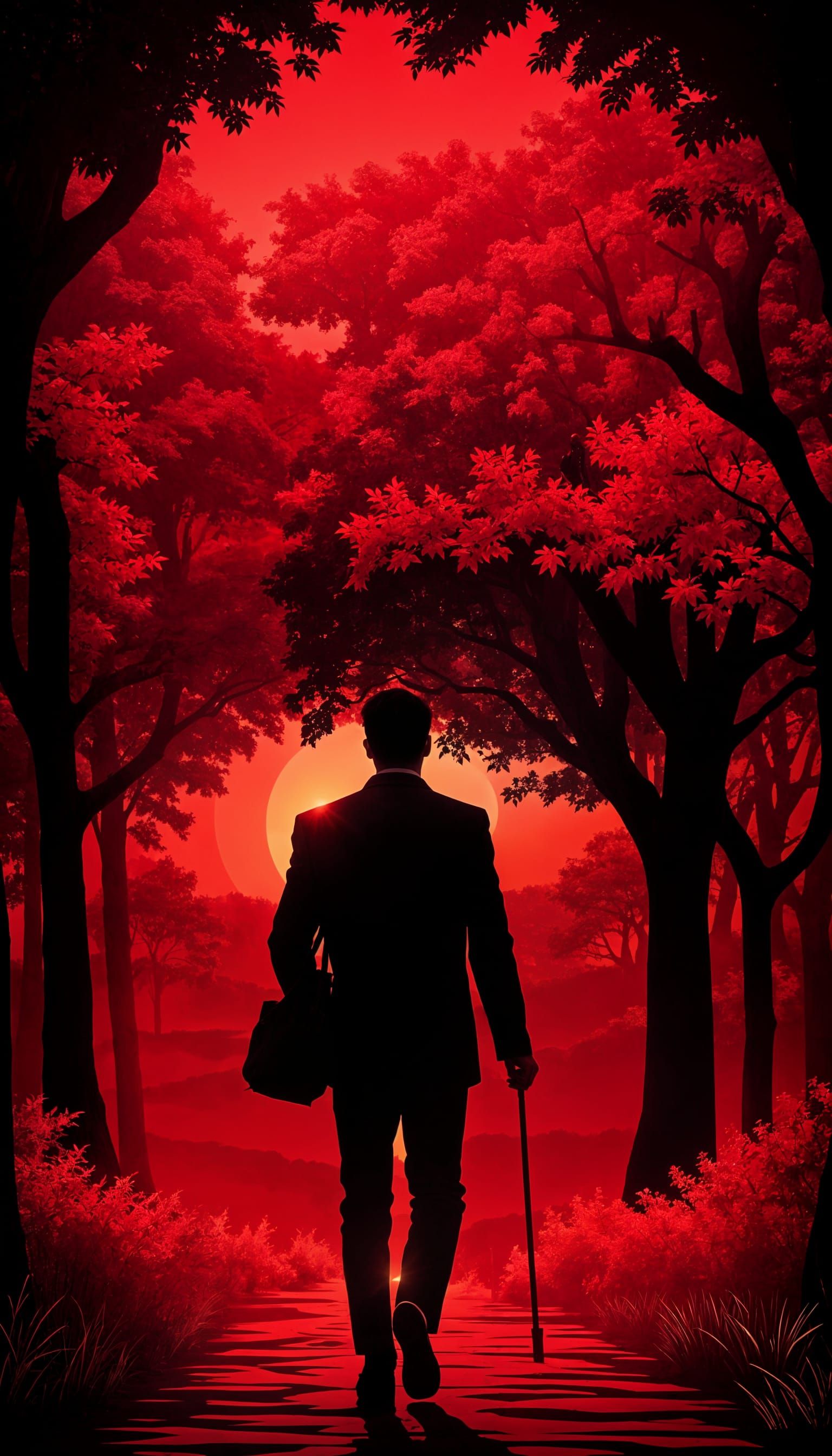 Man Walking Along a Ruby Red Pathway