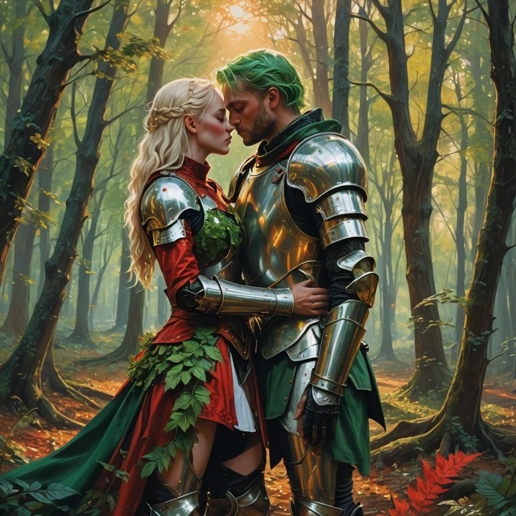 Dystopian Knight's Kiss in Surrealist Oil Painting