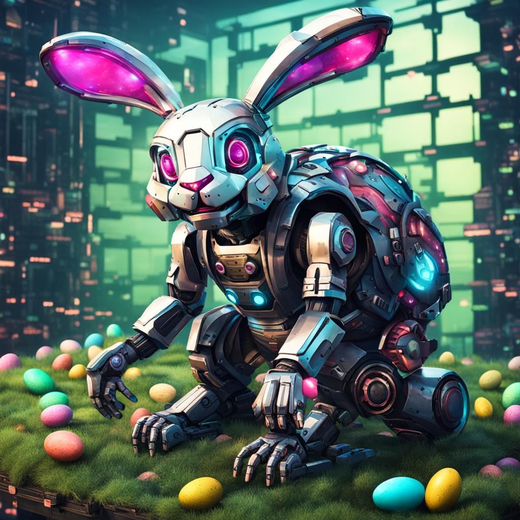 Cyber Easter Bunny Bot in Metallic Style