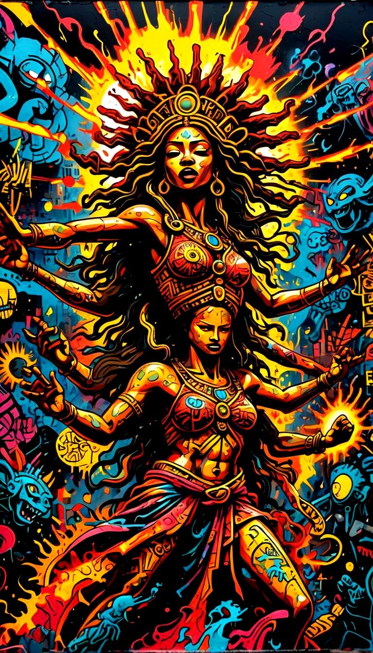 Sun Goddess Battles Demons in Graffiti Art Style
