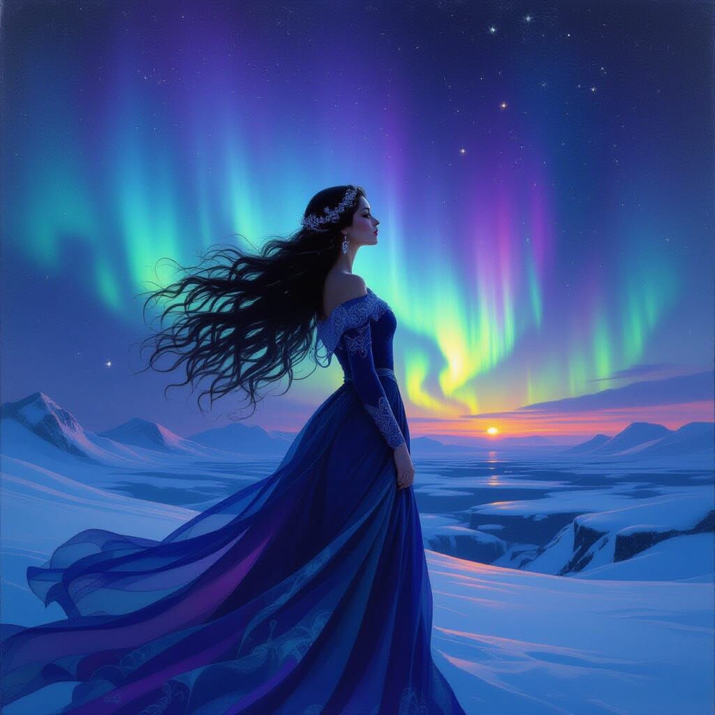 Celestial Woman with Aurora Borealis Hair in Art Nouveau Sty...