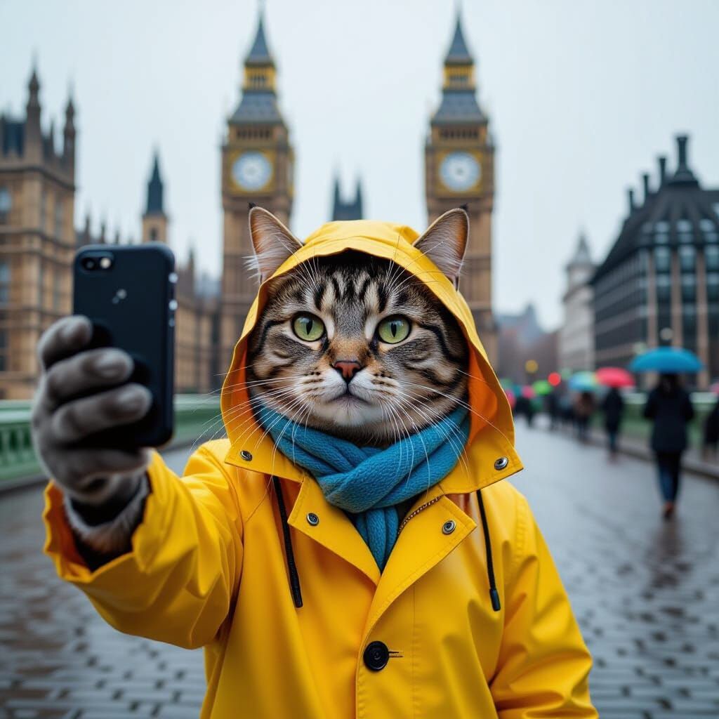 Dapper Cat Takes Selfie in Rainy London by Big Ben