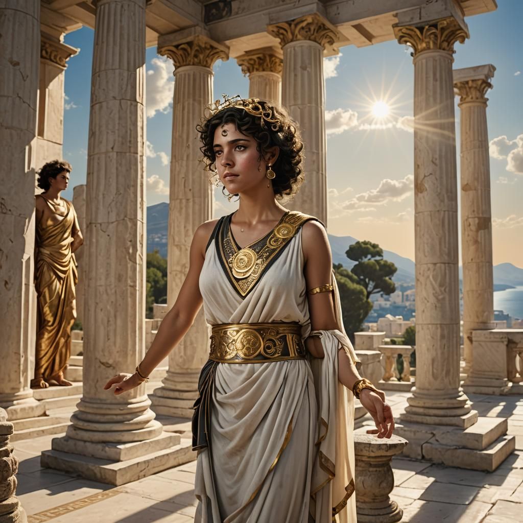 Greek Woman's Calm Amidst War, Detailed Matte Painting