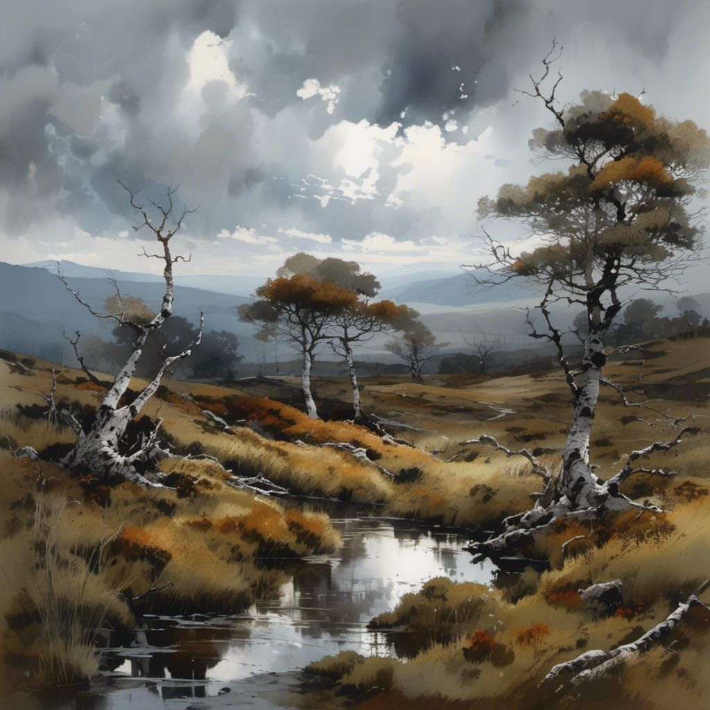 Moorland Storm with Gnarled Pines, Detailed Illustration