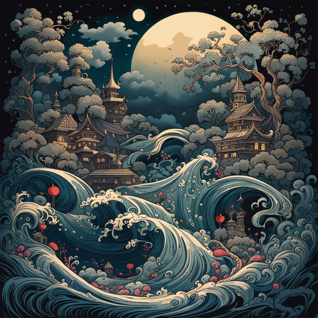 Magic Sea Cherry Blossoms in Surreal Fantasy Style