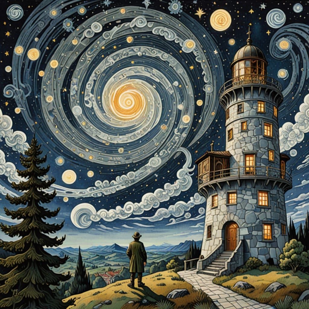 Cosmic Observatory in Whimsical Watercolour Style