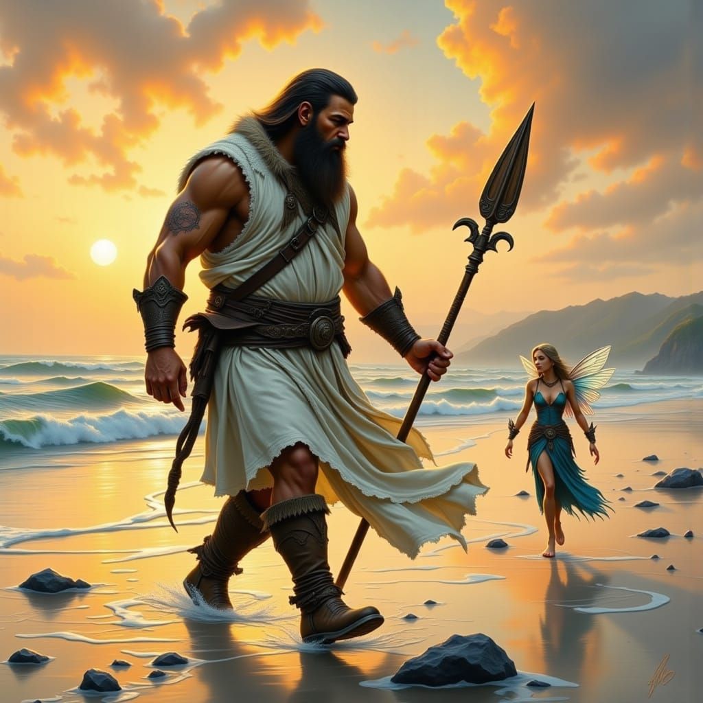Bearded Giant Walks the Whimsical Beach with Delicate Flying...