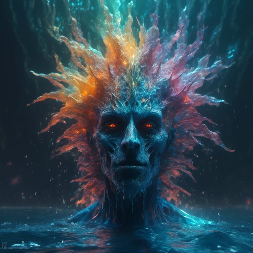 Handsome Kraken-Human Hybrid in Bioluminescent Ocean