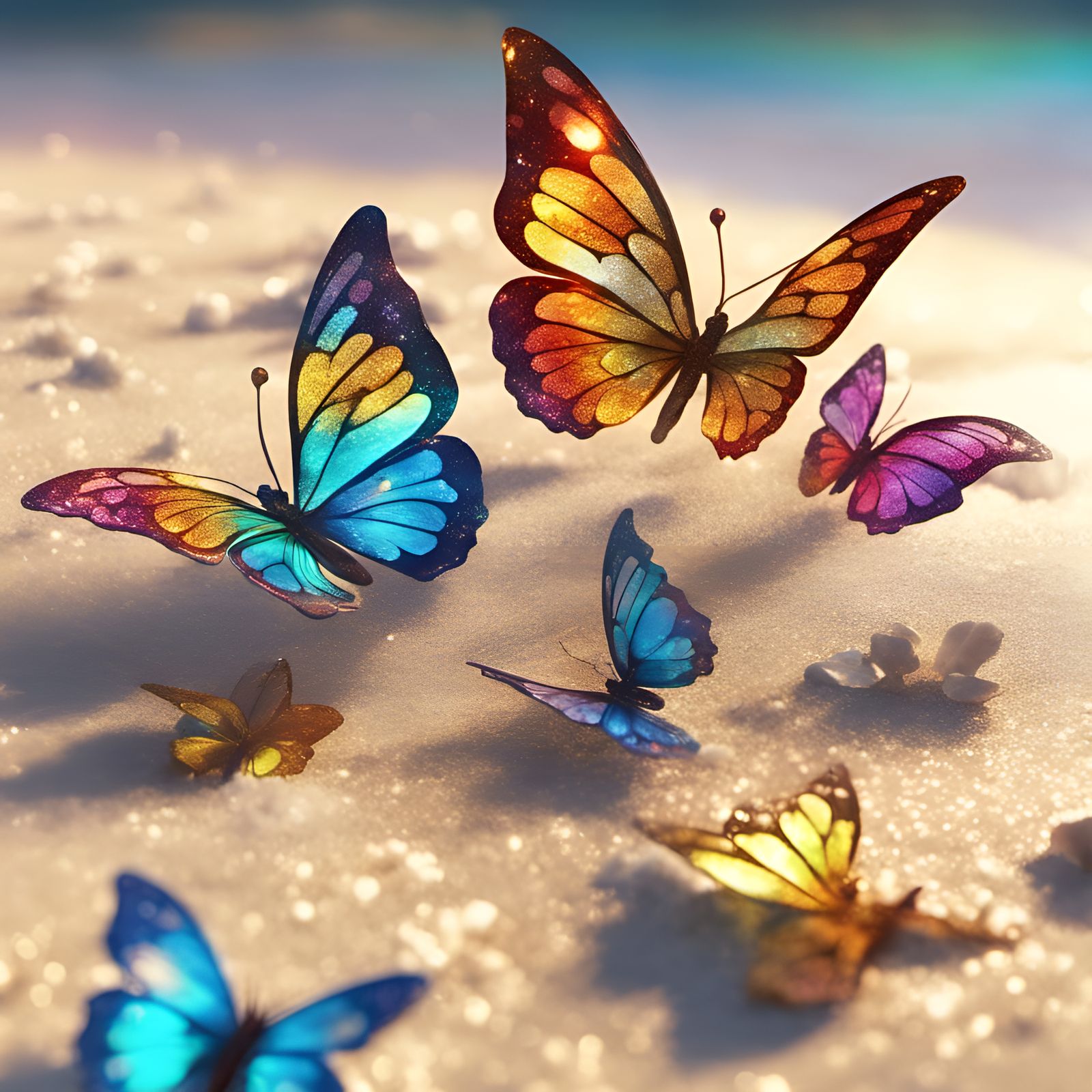 Glittery Butterflies on Tropical Beach: 3D Digital Art