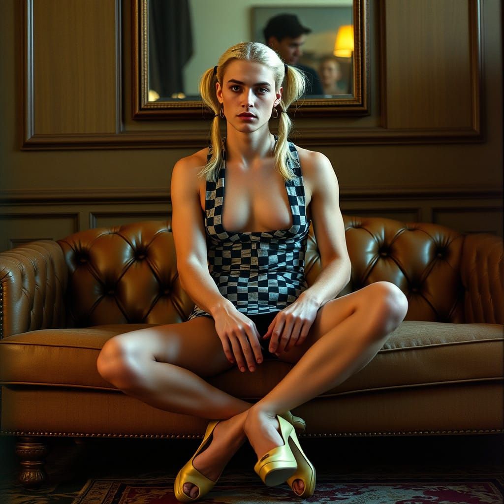 Elegant Man in Checkered Minidress, Paired with Heels