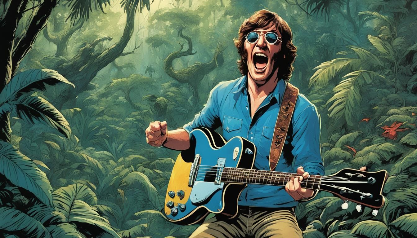 John Lennon playing his blue electric guitar and doing a Tarzan yell in the jungle Mark Brooks and Dan Mumford, comic bo...