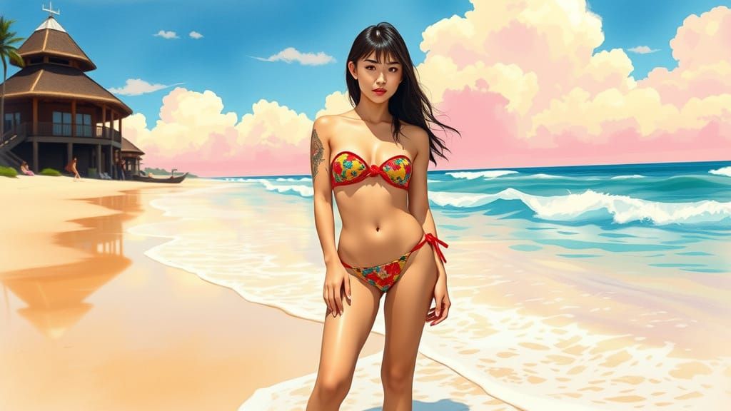 Asian Woman in Micro Bikini on Sunny Beach