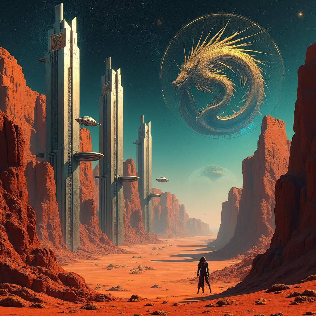 Cubist Martian Cityscape with Ethereal Dragon Sky