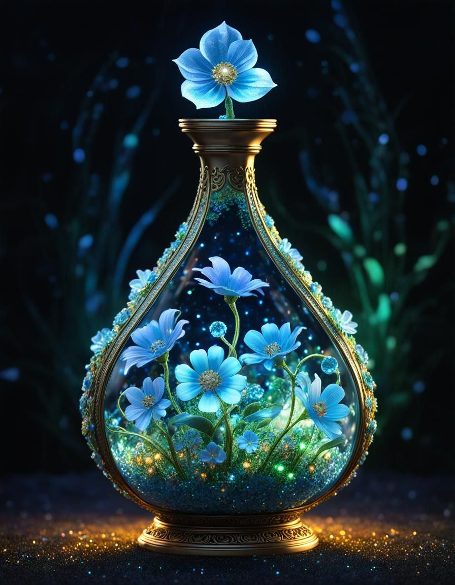 Crystal Gourd Filled with Bio-Luminescent Blooms in Elegant,...