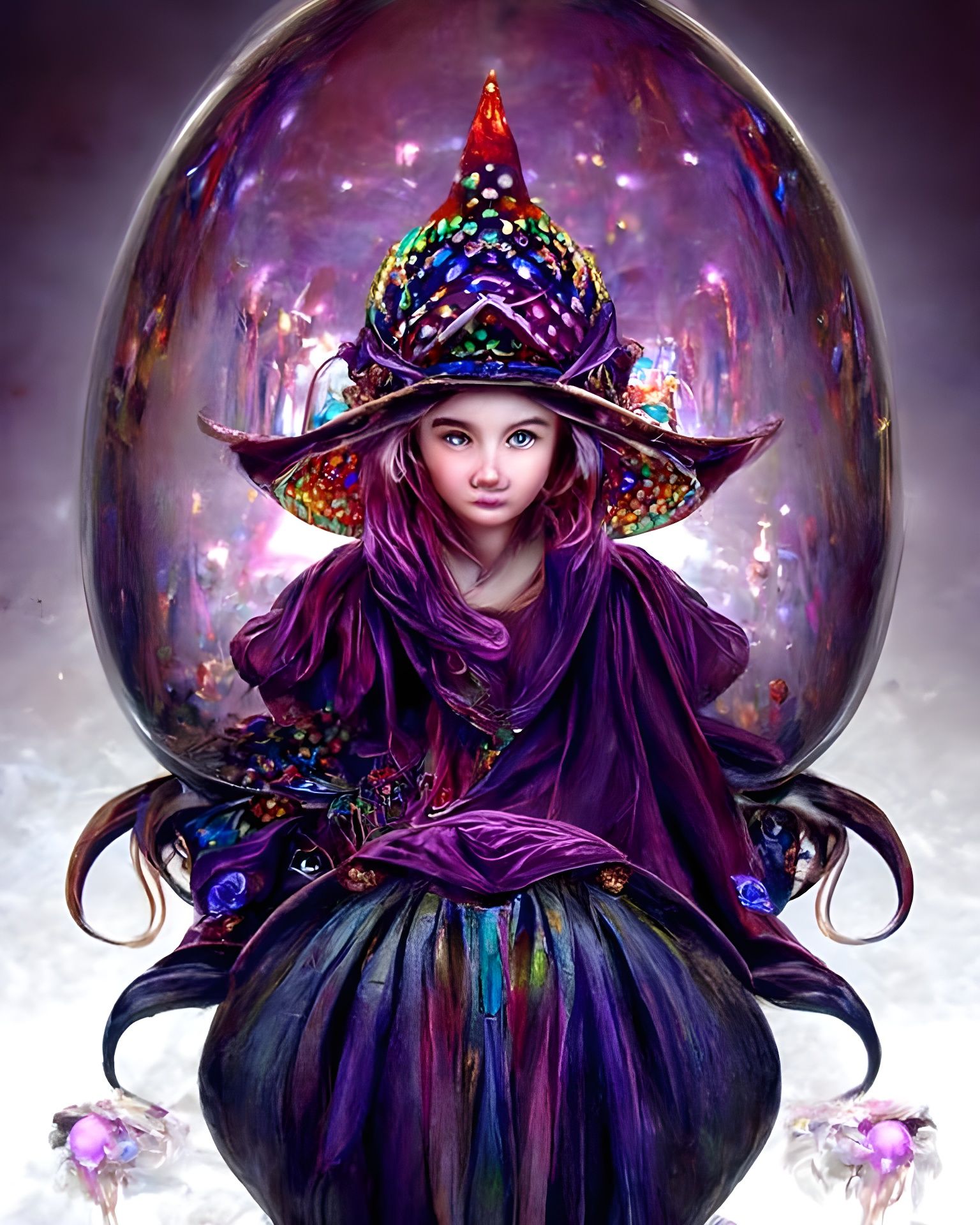Cute Purple Witch Portrait with Magical Egg