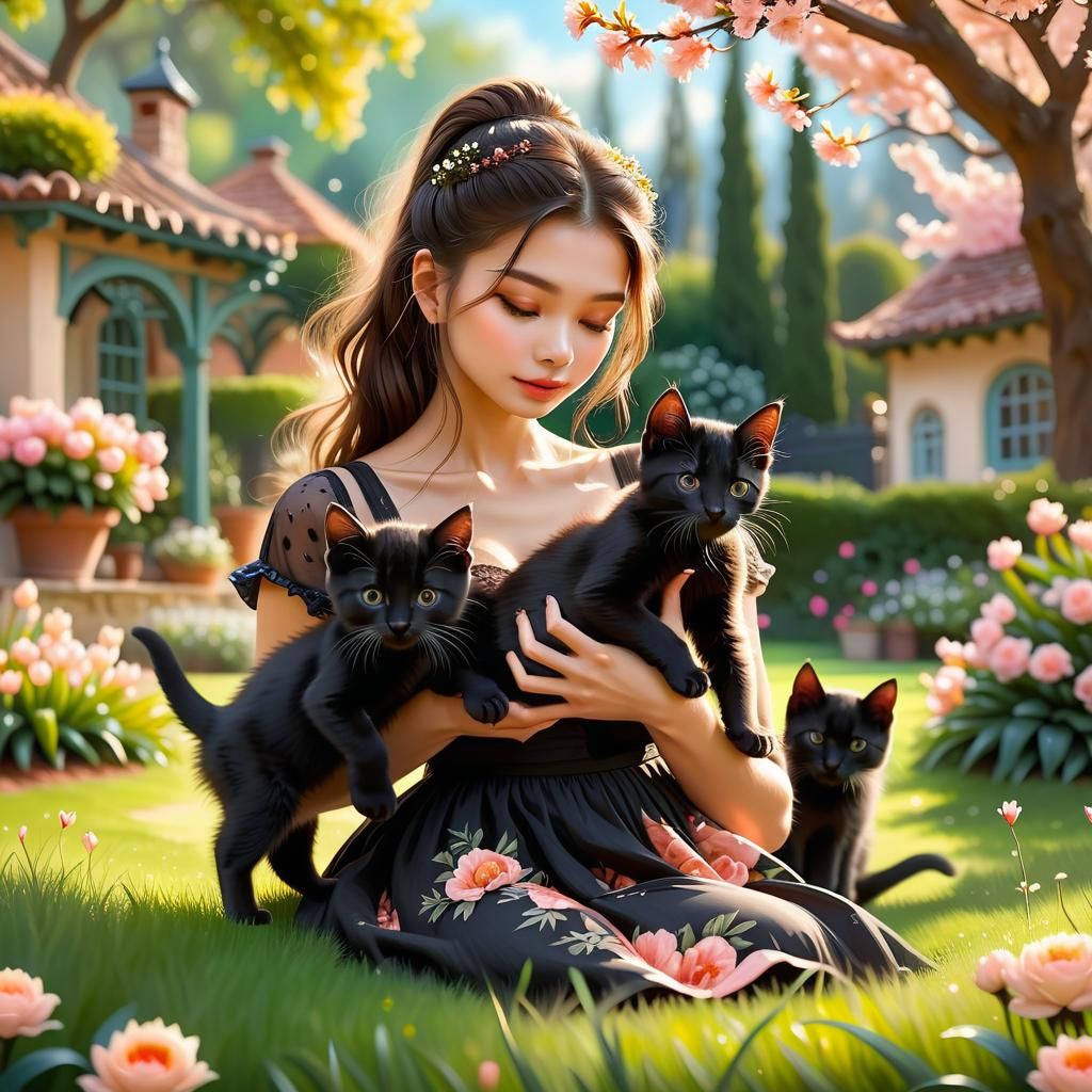 Beautiful Woman Playing with Cute Kittens in Garden
