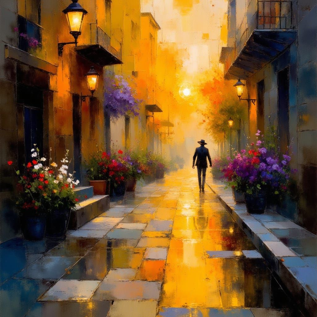 Impressionistic Watercolor Sunrise on Cobblestone Street