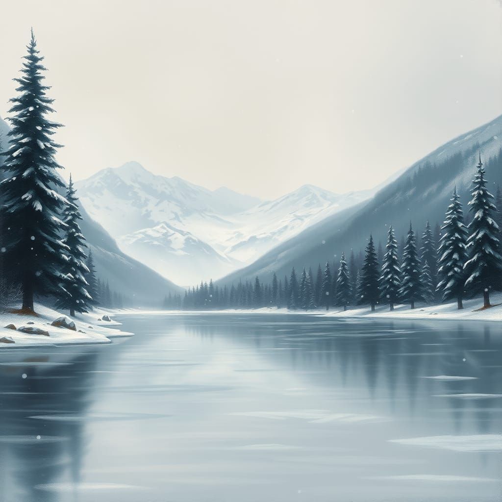 Snowy Landscape Painting in Impressionistic Style