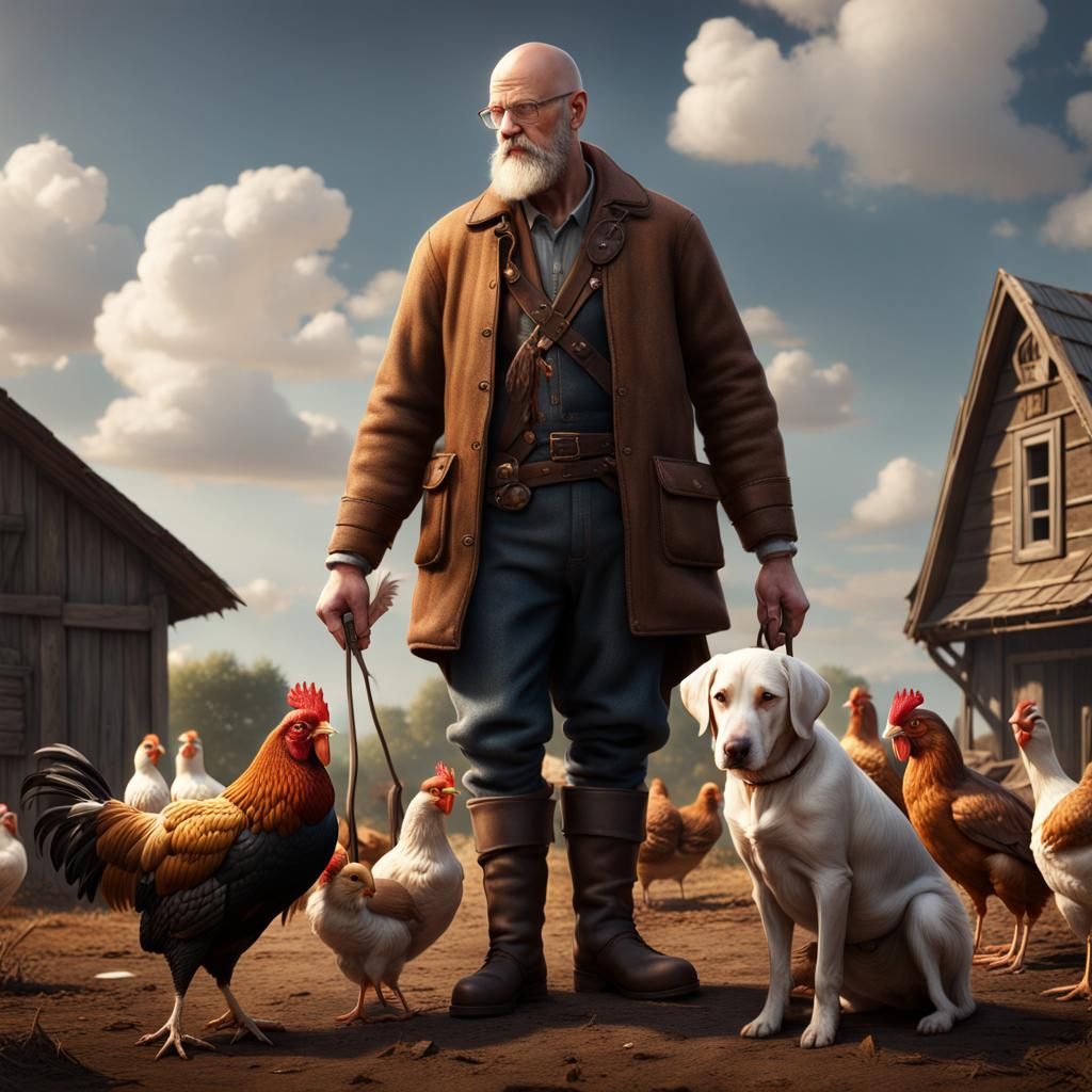 Farmer Feeding Chickens in Detailed Matte Painting