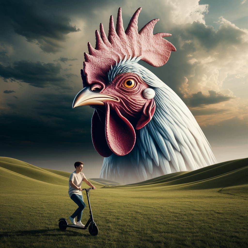 Man Rides Scooter Under Giant Rooster Sky