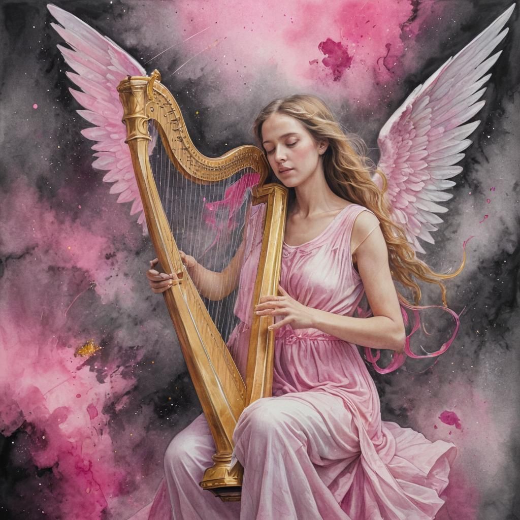 Celestial Angel Harping in Space: Watercolour Charcoal Art