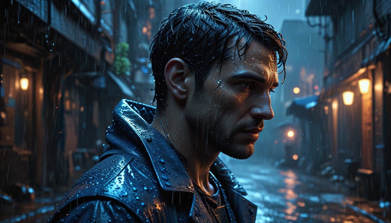 Hyperrealistic Rainy Day Man in Science Fiction Style