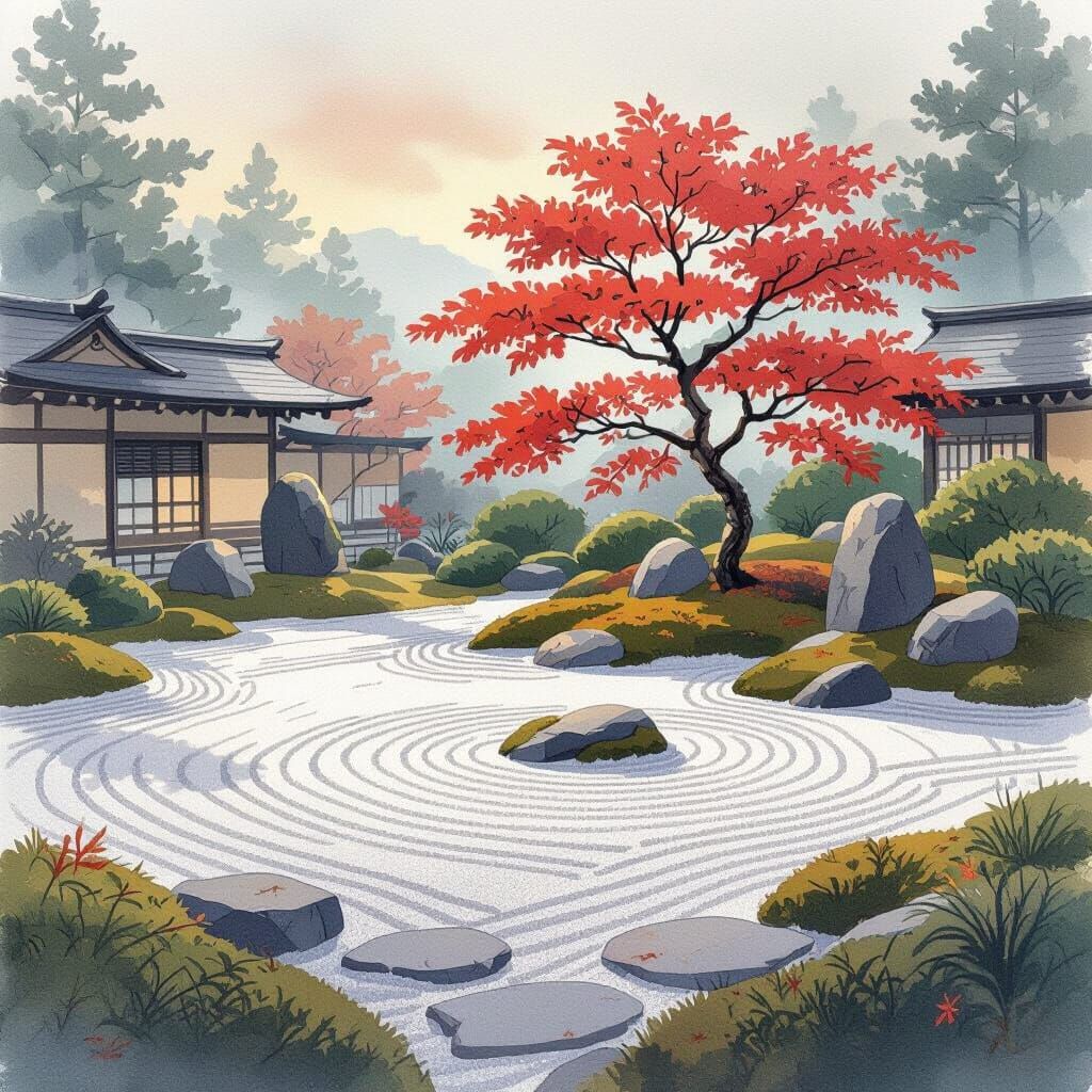 Zen Garden at Dawn in Watercolor Style