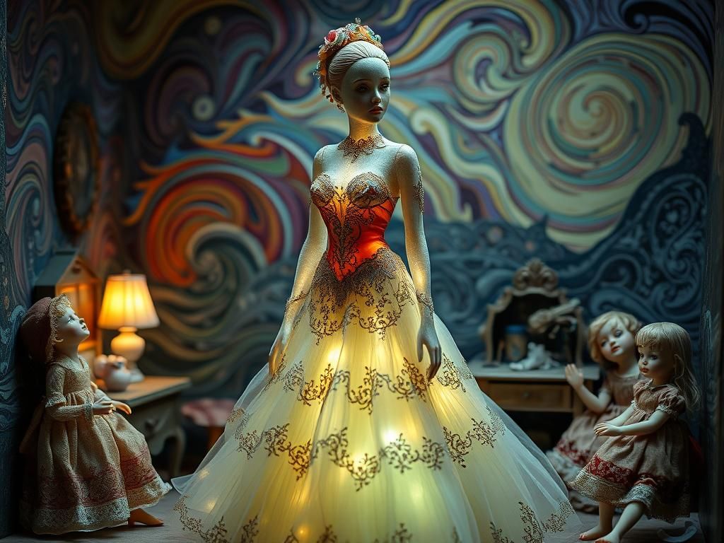 Ethereal Fiber-Optic Woman in Surreal Dollhouse Setting
