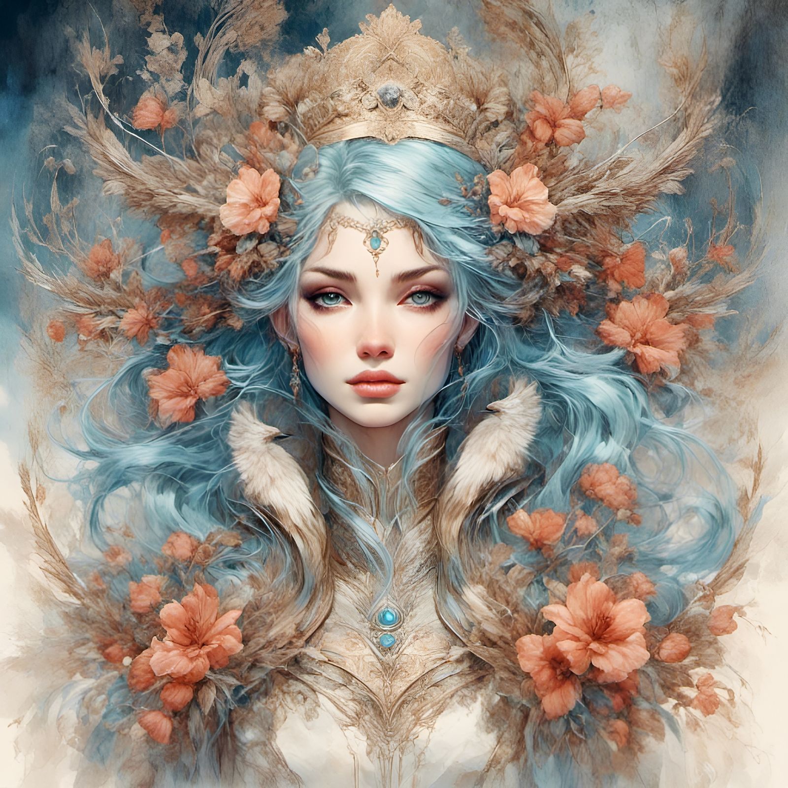Snowy Christmas Fantasycore Portrait in Watercolor Style