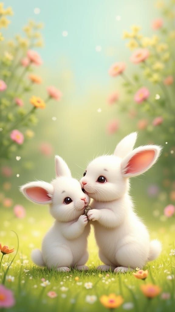 Whimsical Cartoon Rabbits in a Sunny Garden