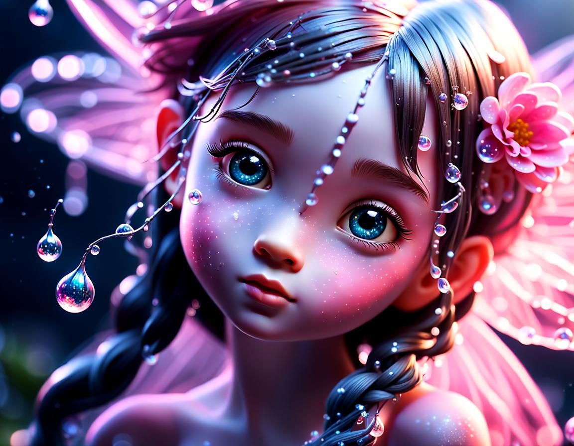Bioluminescent Fairy on Flower with Dewdrop Hair