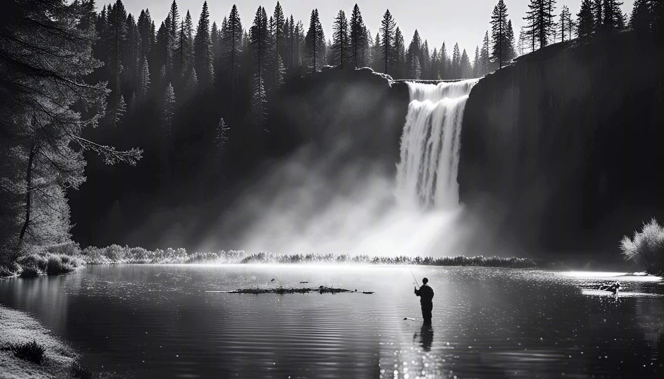 Black and White Waterfall Fishing Scene