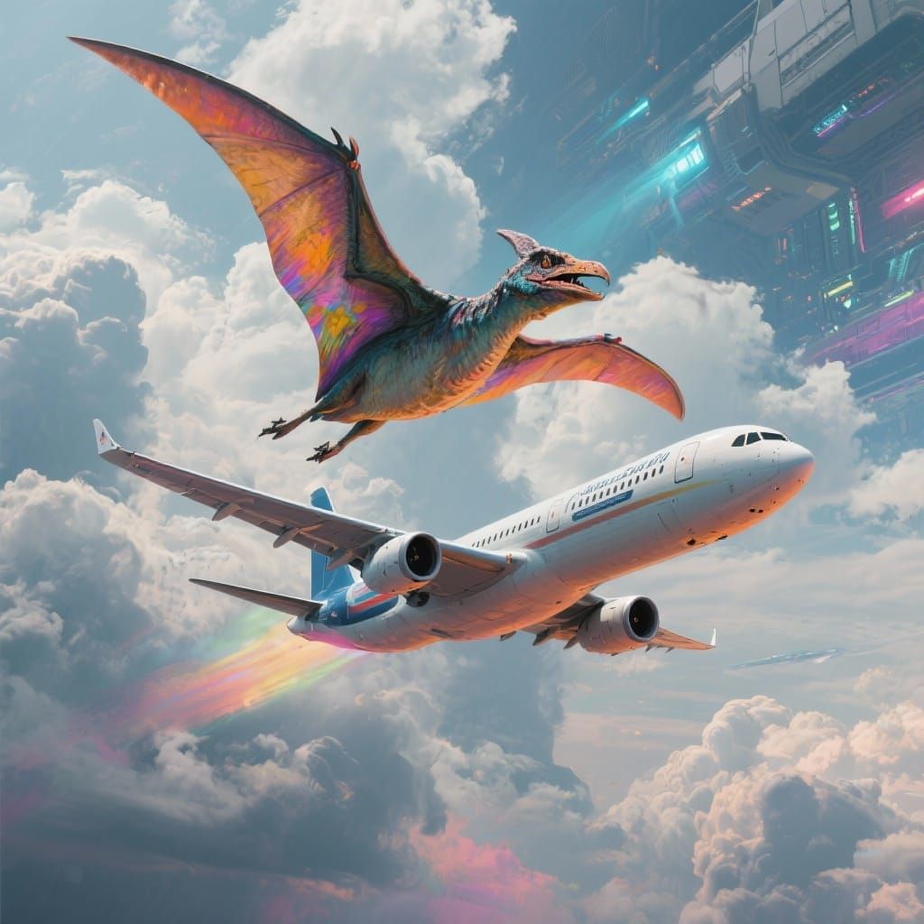 Pterosaur Encounters Airliner in Dynamic Sky Scene