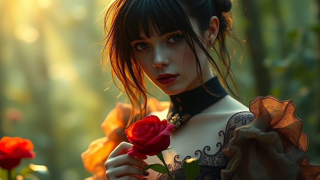 Mystical Woman with Red Rose in Misty Forest