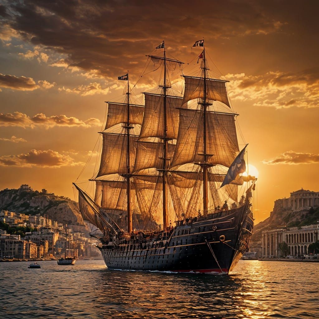 Galleon Sailing at Sunset Near Greek Ruins