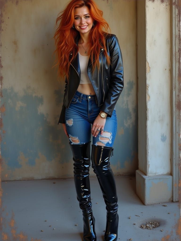 Beautiful redhead woman smiling, wearing a leather jacket, b...