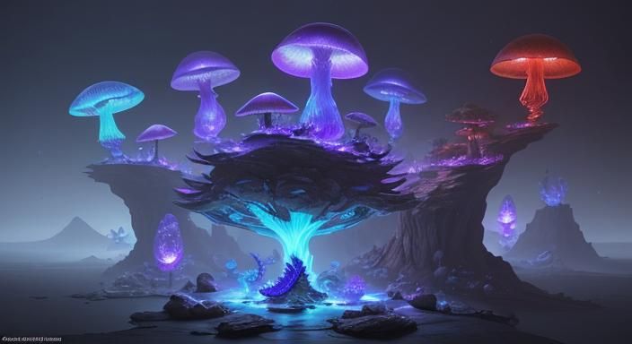 Bioluminescent Mushroom and Dragon in Glass Sphere