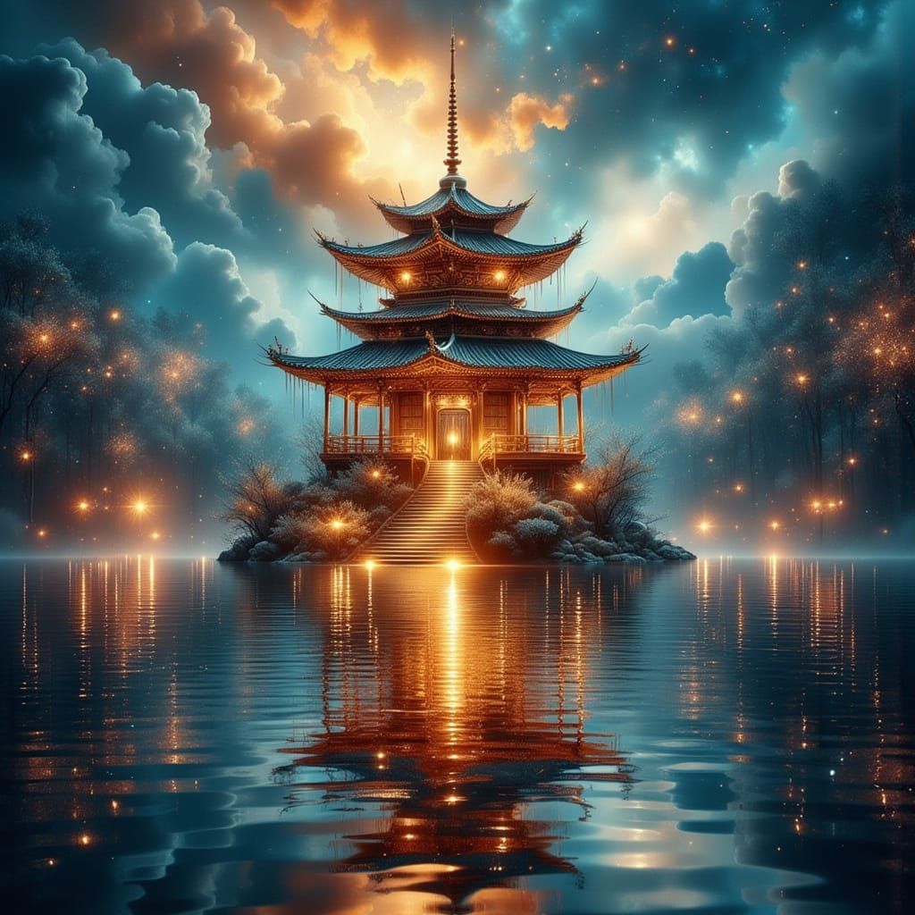 Enchanted Pagoda with Ethereal Lights and Reflection
