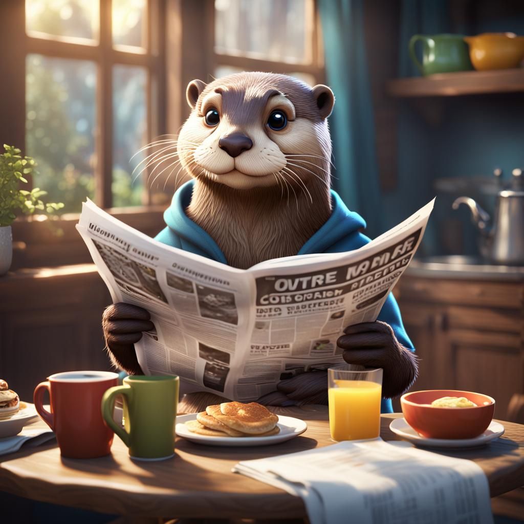 Cartoon Otter Reads Newspaper: CGI Morning Scene