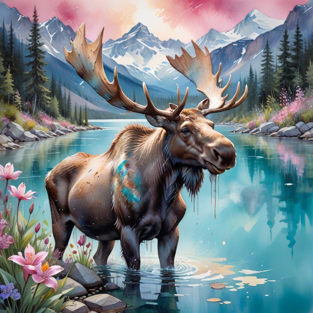 Moose in Canadian Rockies: Stylized Watercolor Painting