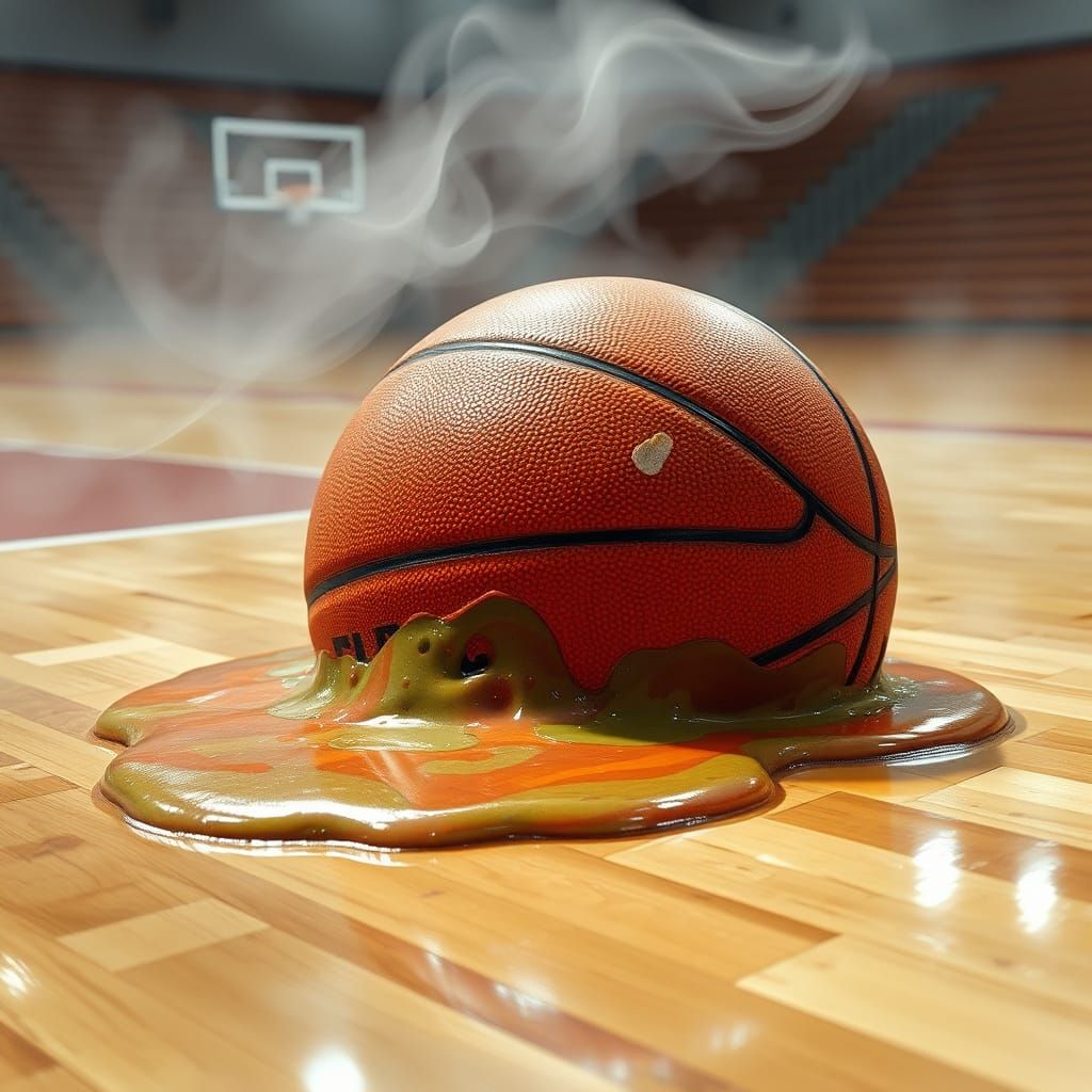 Surreal Melted Basketball on Court in Dreamy Digital Art