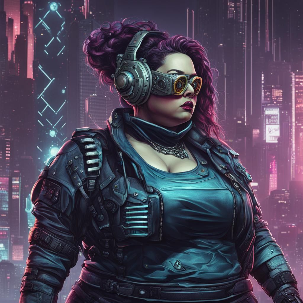 Plus Size Woman in Cyberpunk Cityscape
