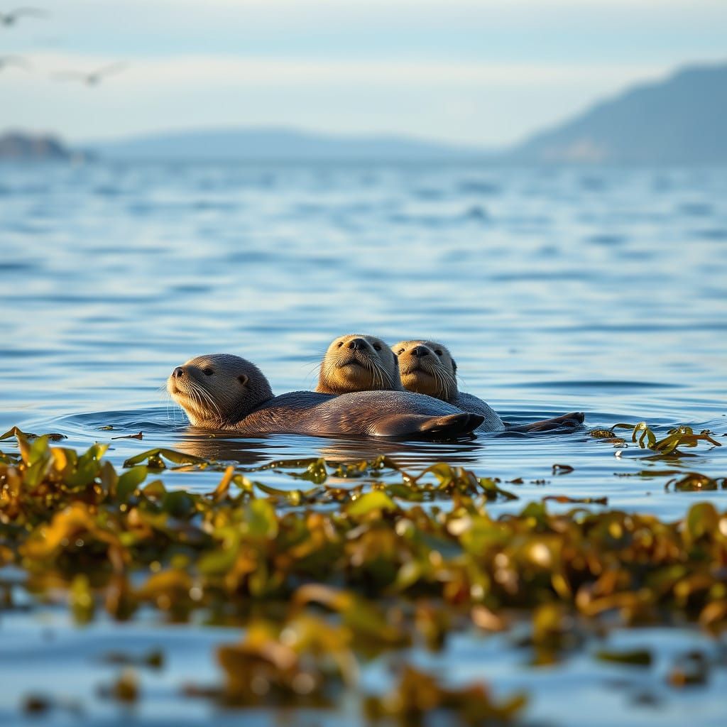 Serene Sea Otters Floating in a Calm, Glassy Sea