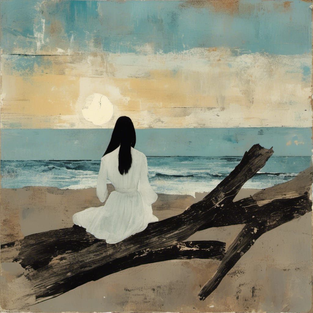 Woman Meditating on Beach at Sunset, Dreamlike Digital Art