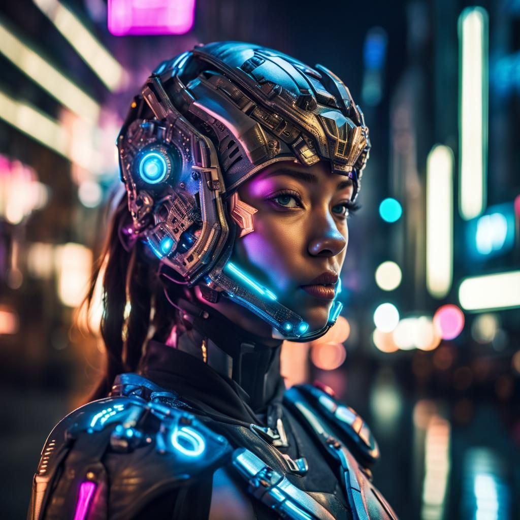 Cyborg Girl in Neon City: Hyperrealistic Portrait